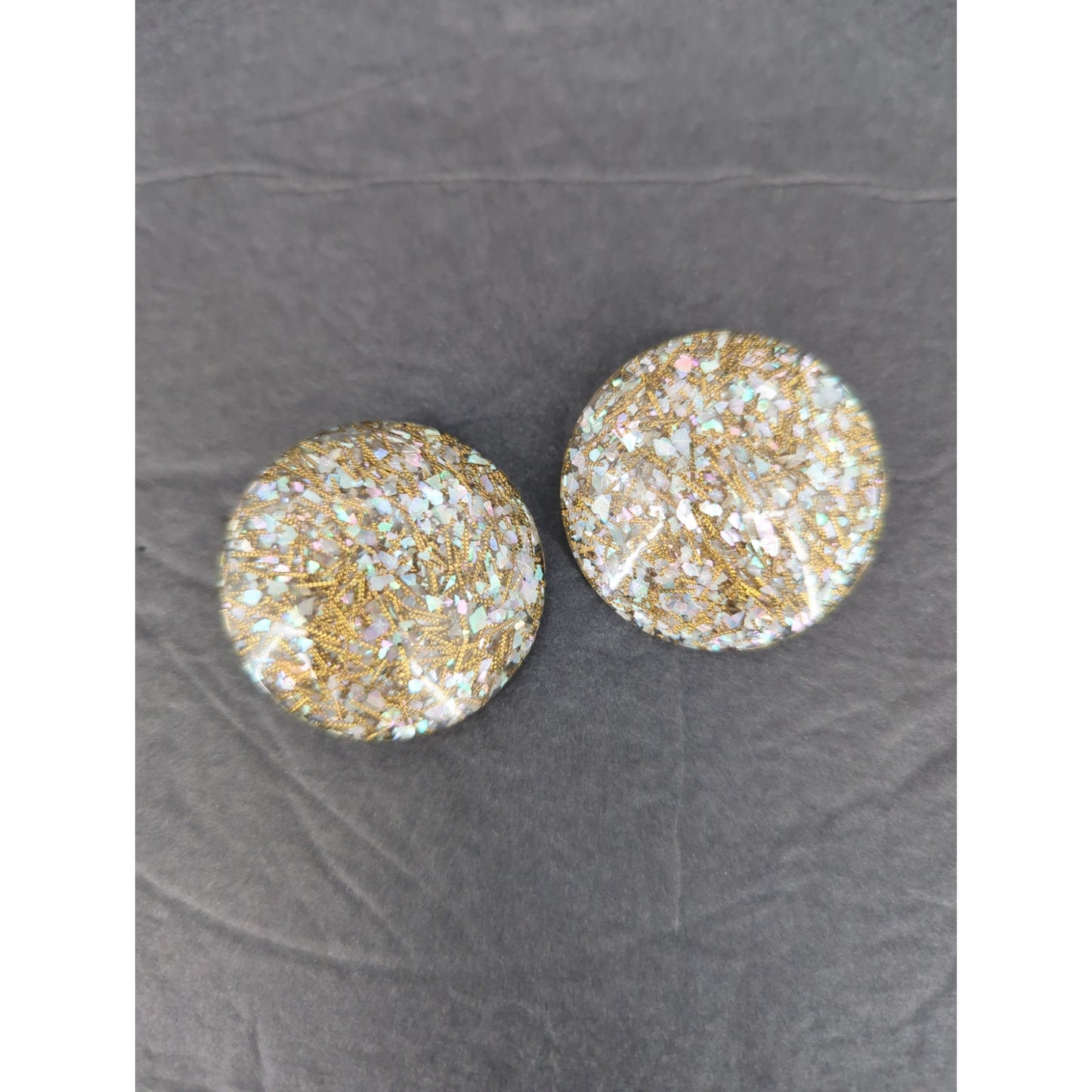 Vintage Clear Lucite Gold Speckle Confetti Dome Button Clip On Earrings Retro