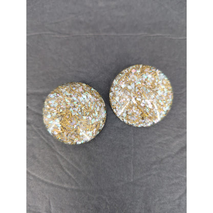 Vintage Clear Lucite Gold Speckle Confetti Dome Button Clip On Earrings Retro