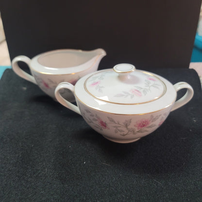 Creamer and Sugar Bowl with Lid Briar Rose by Valmont Pink Flower Gray Stems