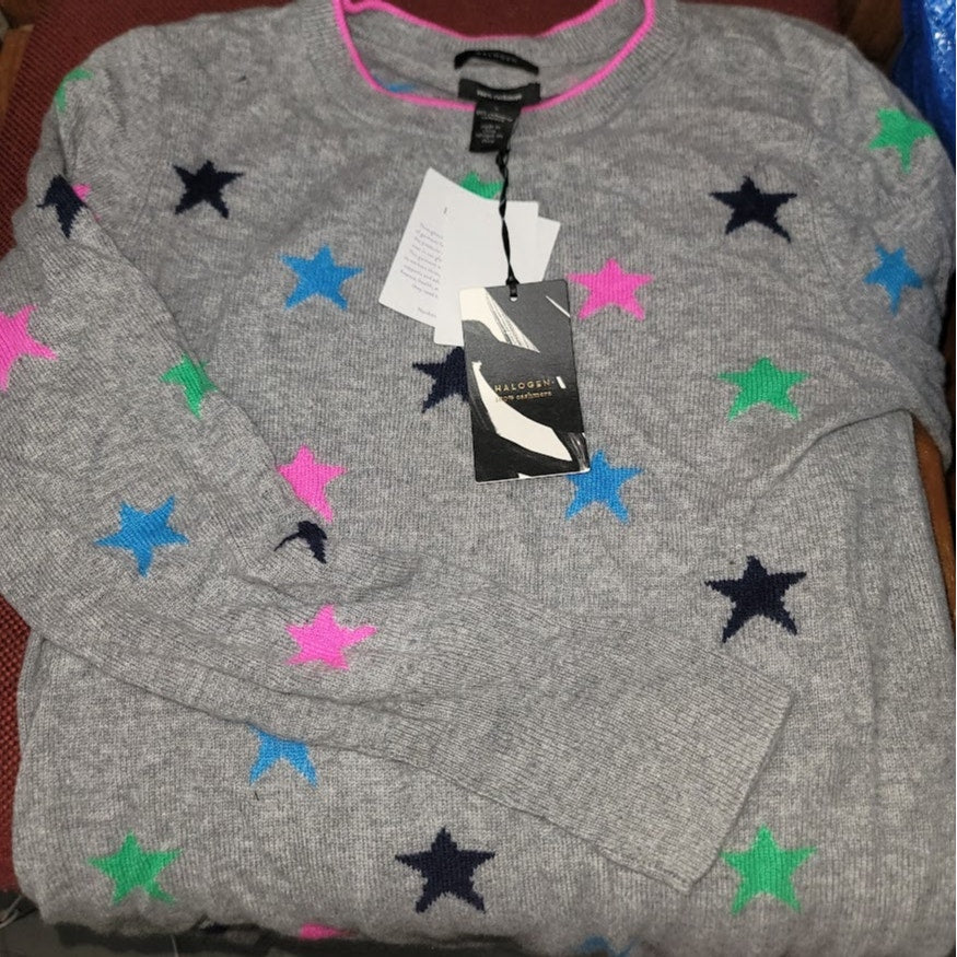 Halogen 100% Cashmere Gray Pink Star Crewneck Sweater Size Small NEW $149