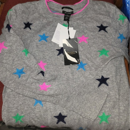 Halogen 100% Cashmere Gray Pink Star Crewneck Sweater Size Small NEW $149
