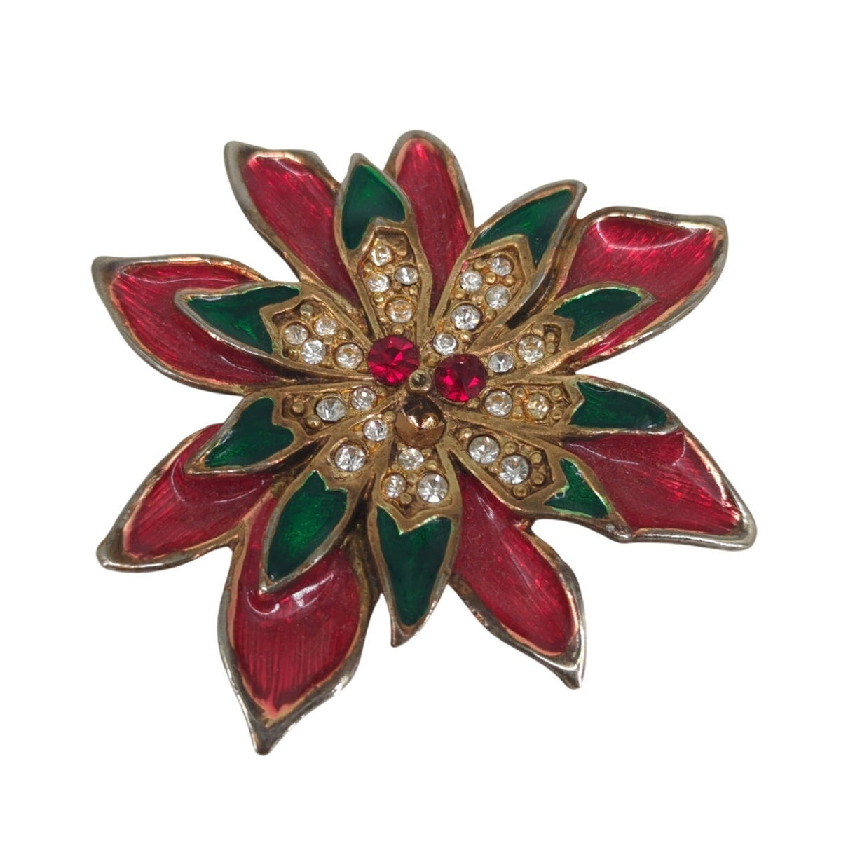 Vintage Tanya Creations Enamel Rhinestone Poinsettia Christmas Brooch Holiday