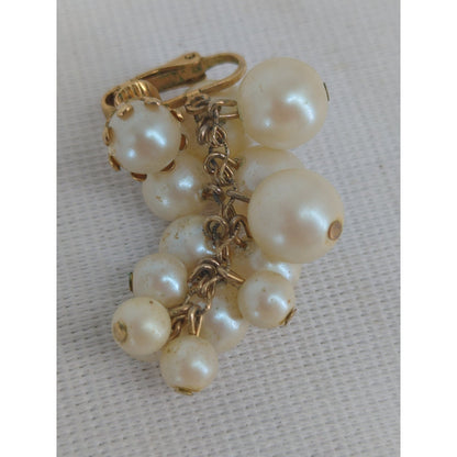 Vintage Faux Pearl Cluster Dangle Clip On Earrings Gold Tone Mid Century Glamour
