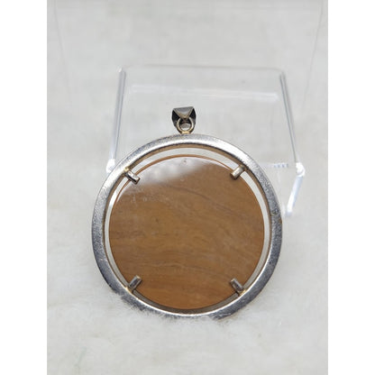 Vintage Brutalist Silver Tone Tiger Eye Agate Disc Pendant MCM Modernist