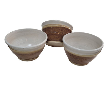 Lot of 3 handmade art pottery studio tea bowls Earthtones brown white sand Clay