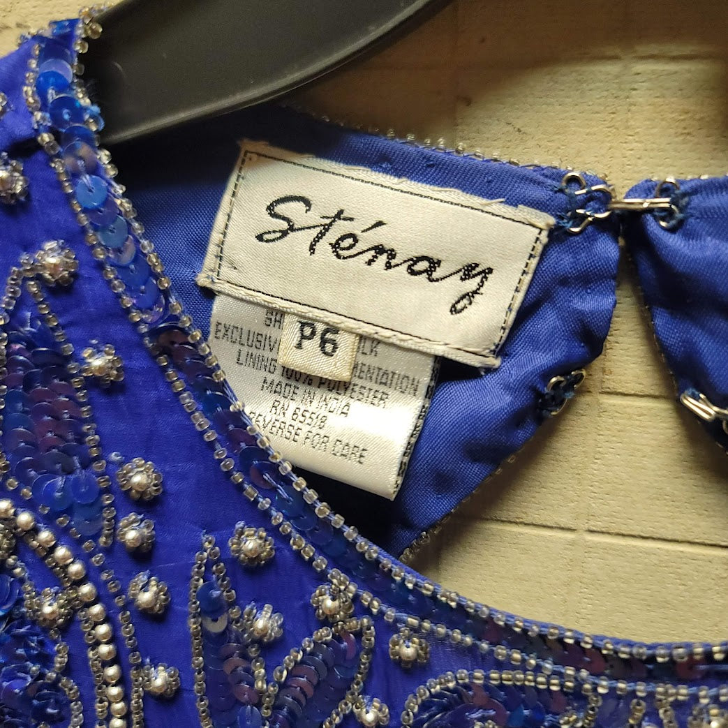 Stenay Vintage 80s Silk Sequin Beaded Knee High 6P Dress Electric Blue Cocktail