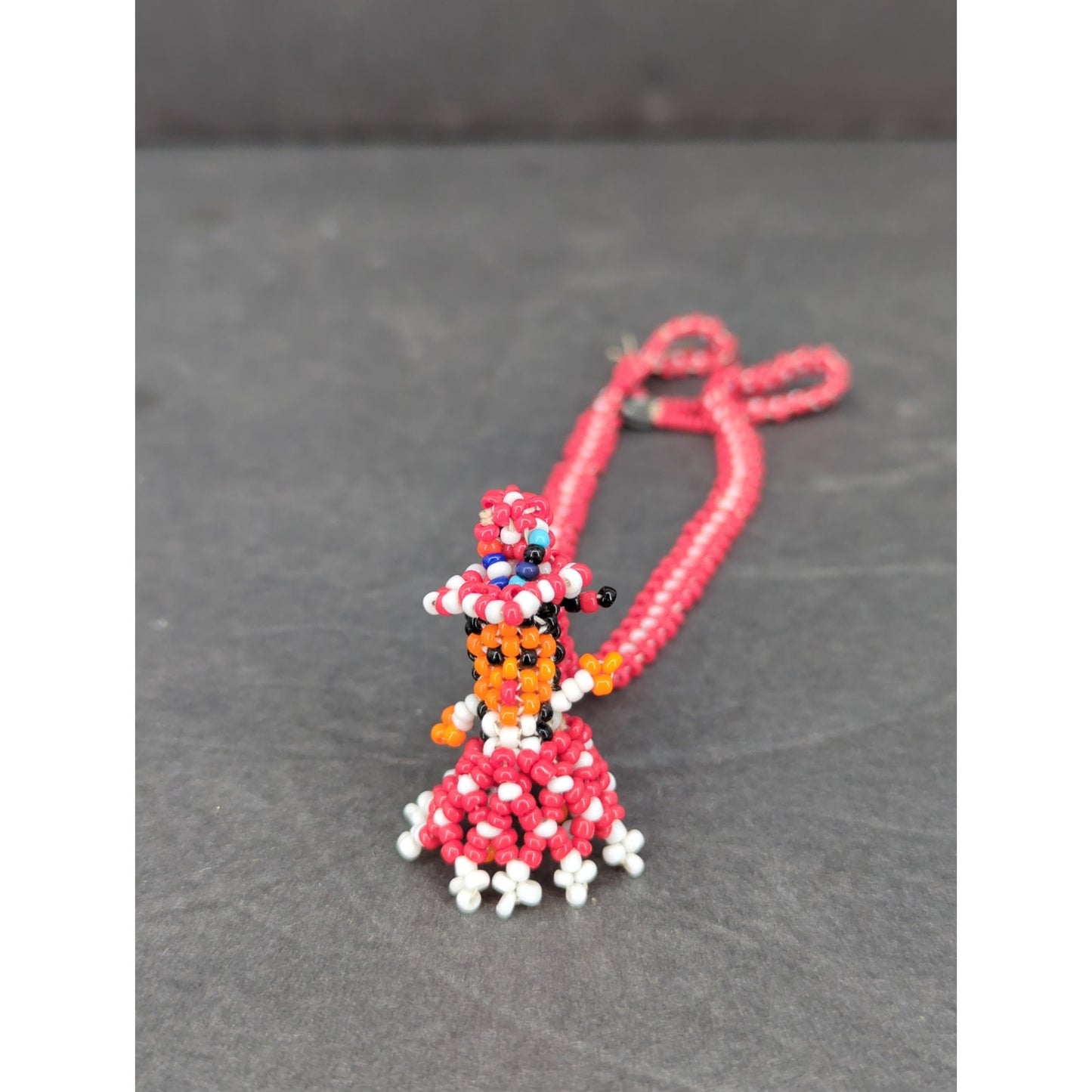 Vintage Folk Art Beaded Doll Pendant Necklace Red & White Mexican Otomi Style
