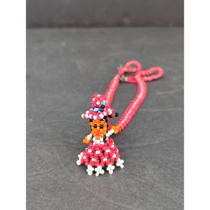 Vintage Folk Art Beaded Doll Pendant Necklace Red & White Mexican Otomi Style