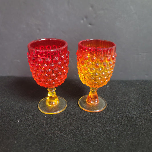 Vintage L.E. Smith Hobnail Red Amberina Goblet orange aperitif knobby glasses 4"