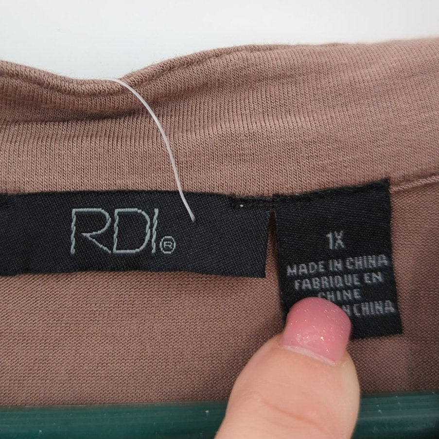 RDI Women's NWT Size 1X Mocha Brown Henley Long Sleeve Tunic Blouse