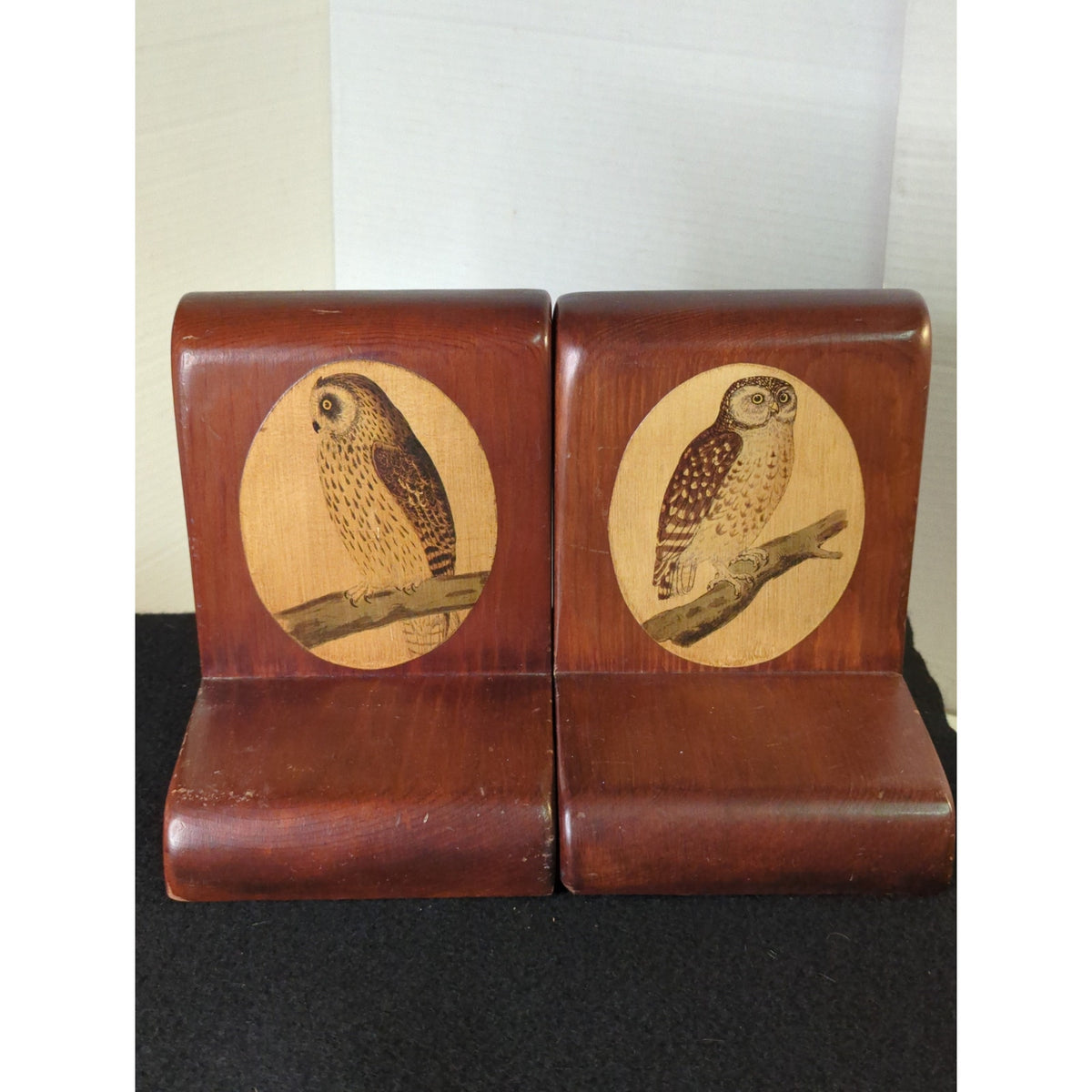Vintage Wood Owl Bookends Decoupage Art Pair Library Bookshelf