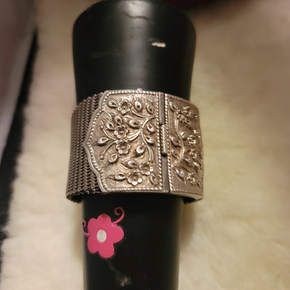 Vintage 925 Wide Mesh Statement Cuff Art Nouveau Floral Relief Artisan Repousse'