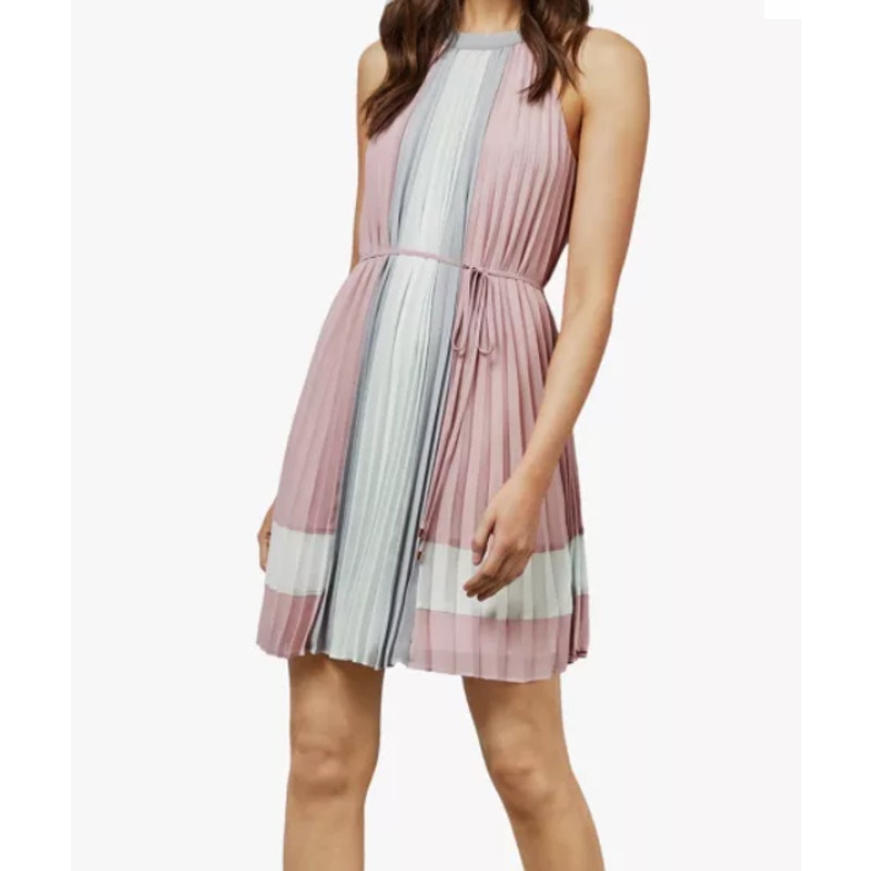 Ted Baker Lellian Pleated Stripe Dress Light dusty Pink NEW SIZE 2 WOMENS $315