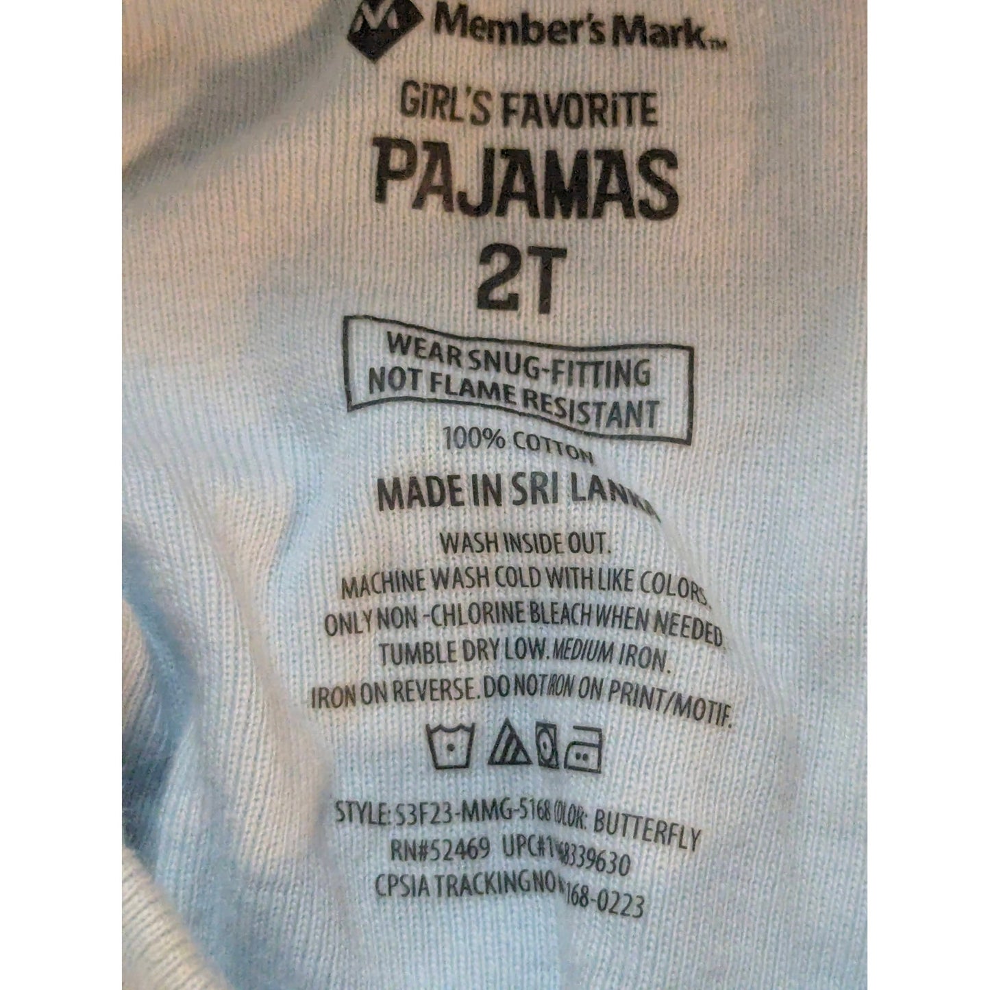 Member’s Mark Toddler Girls Blue Butterfly Pajama Shirt Size 2T