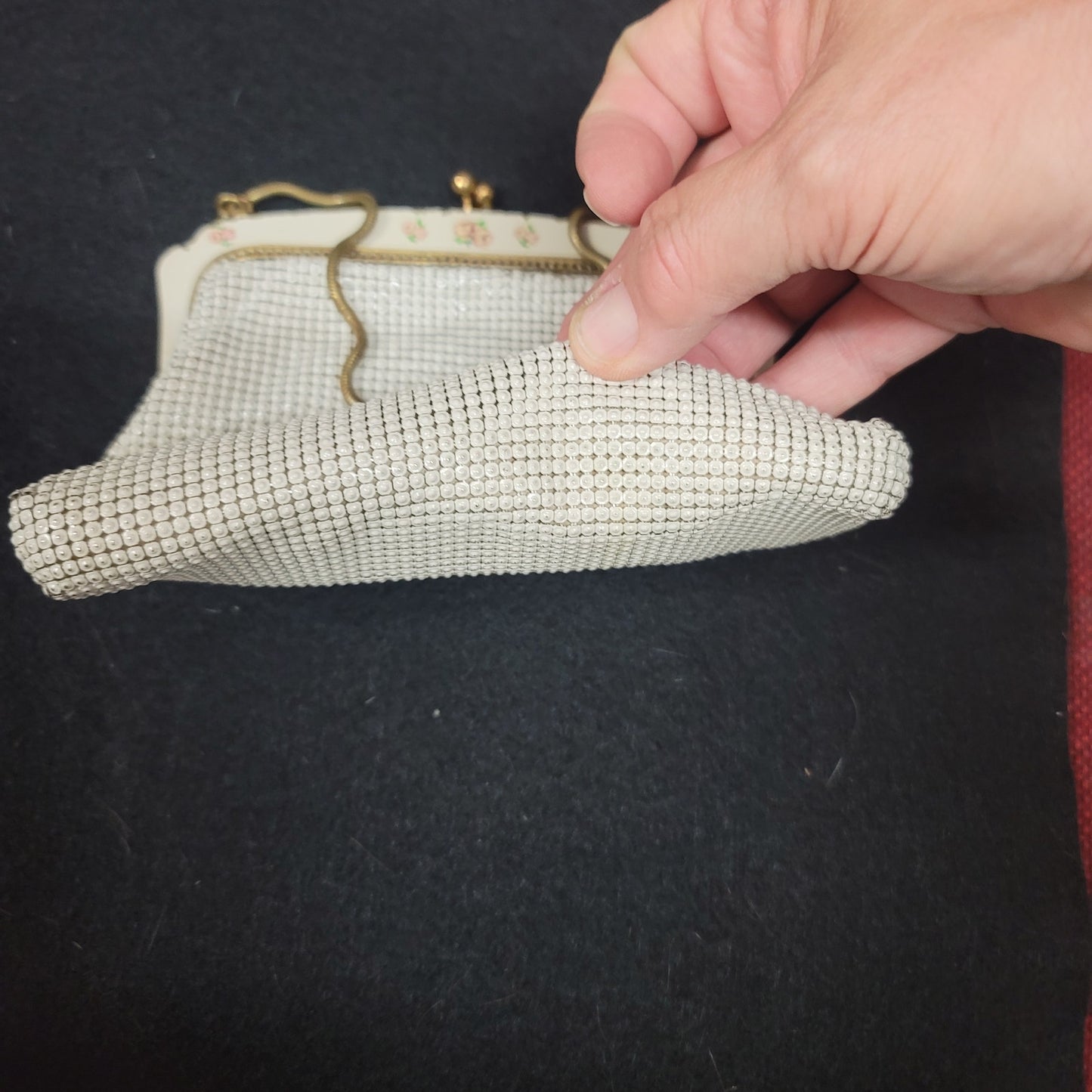Vintage OROTON made Germany metal mesh purse handbag floral kiss clasp cream