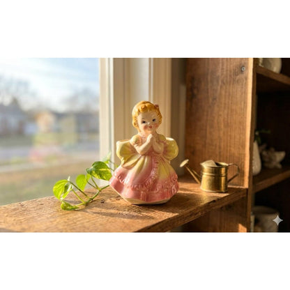 Vintage Ceramic Little Girl Planter Pink Yellow Ruffled Dress Vase 6"