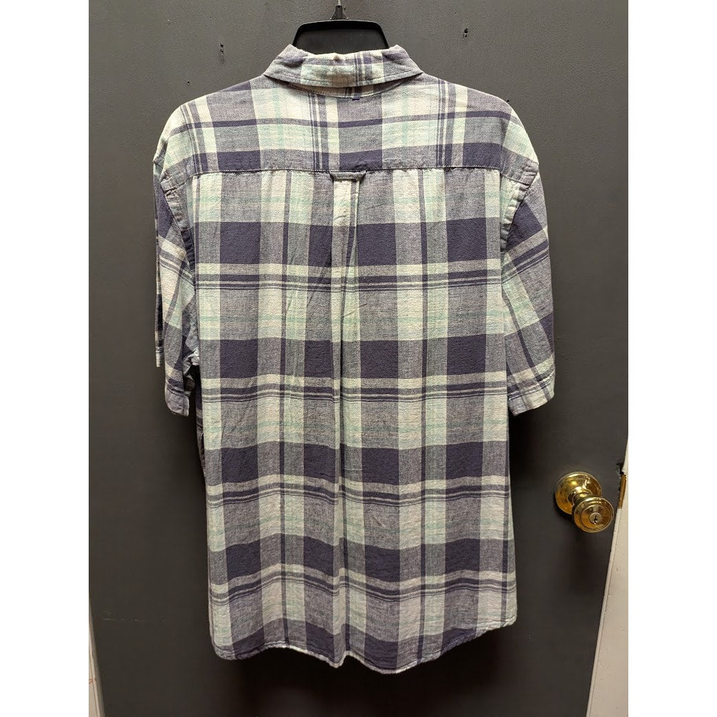 Joe Fresh blue white plaid short sleeve button down shirt Large NEW linen blend
