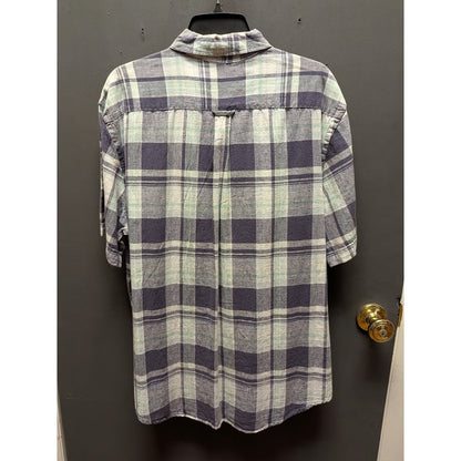 Joe Fresh blue white plaid short sleeve button down shirt Large NEW linen blend