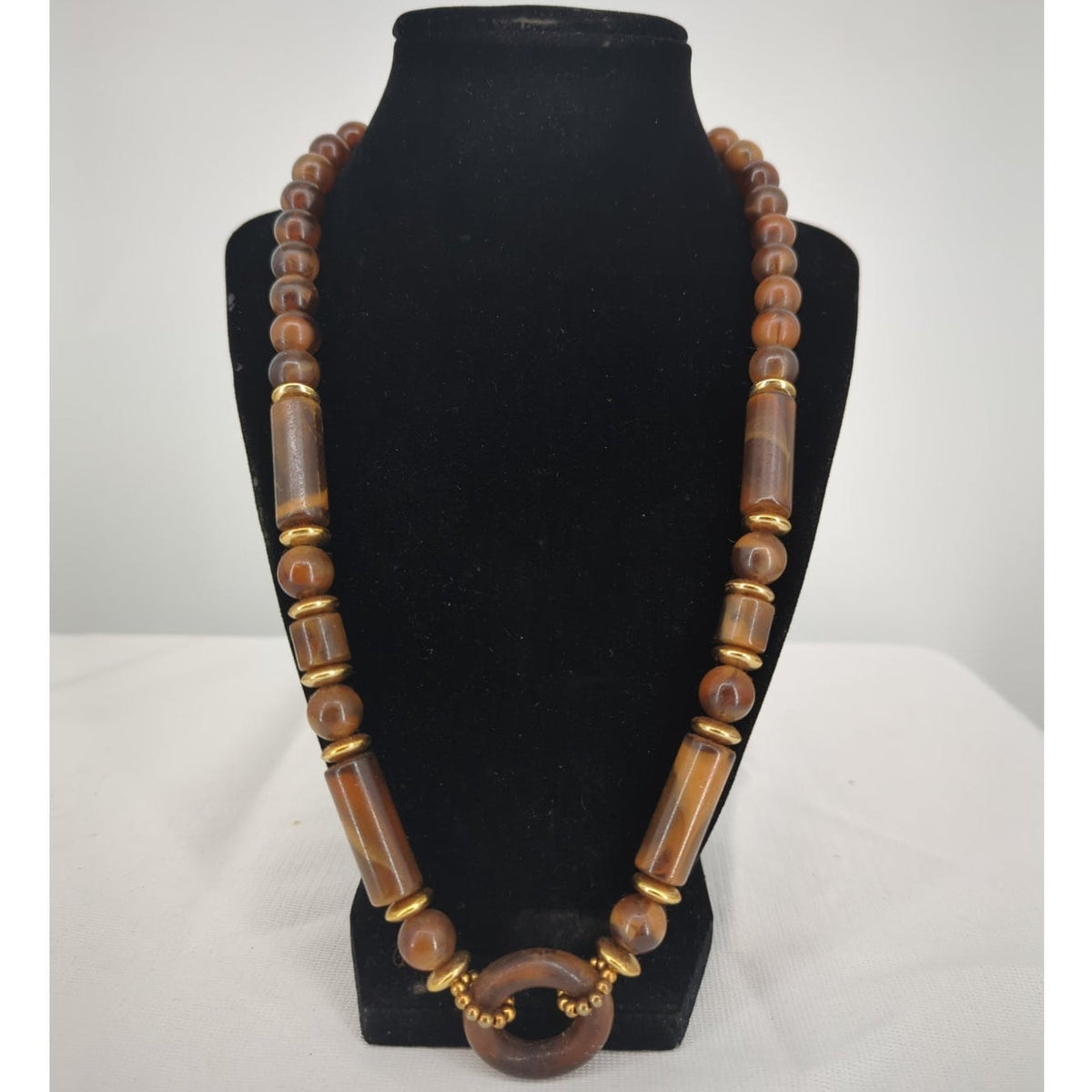 Vintage Brown Beaded Statement Necklace Gold Tone Cylindrical Beads Boho Tribal