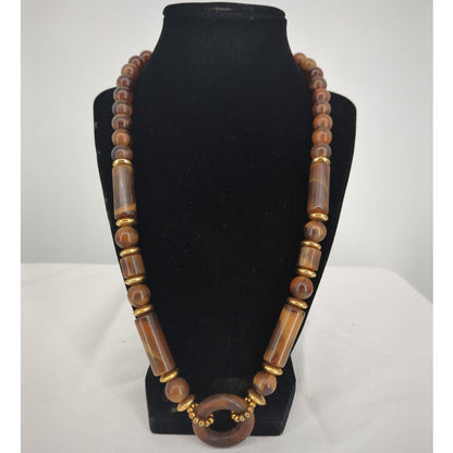 Vintage Brown Beaded Statement Necklace Gold Tone Cylindrical Beads Boho Tribal