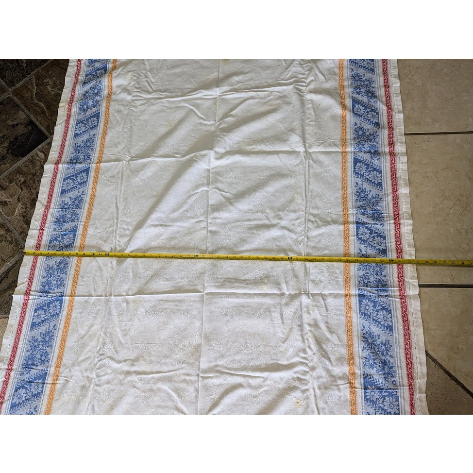 Vintage 50s Damask Tablecloth with Border Print in Red White and Blue 56" X 66"