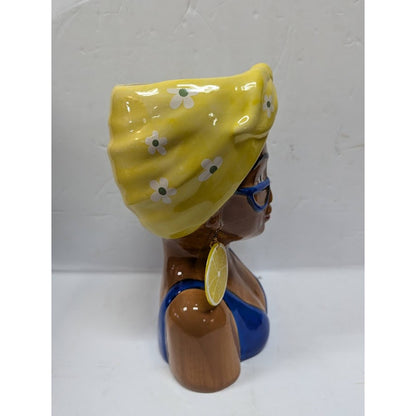 Large Ceramic Fruit lady headvase planter 9" tall YELLOW BANDANA LEMON RING