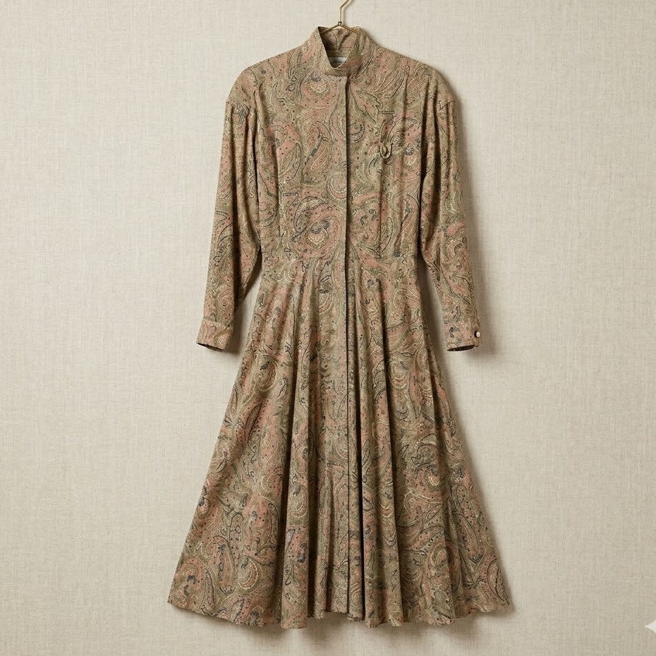 Liz Claiborne Vintage Paisley Midi Dress Pleated Earthy Boho Rayon 4 Prairie