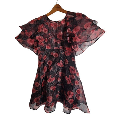Topshop NEW Organza Size 4 womens MINI flounce Dress Sheer floral Poppies