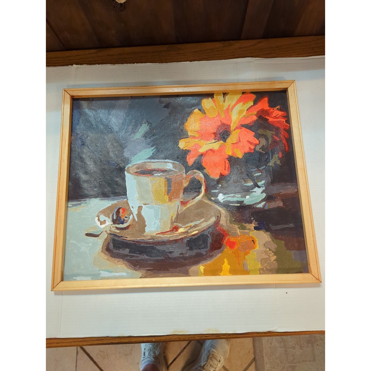 20" x 24" Vintage FAUVISM MCM Coffee Cup Floral Still Life Oil Painting Frame