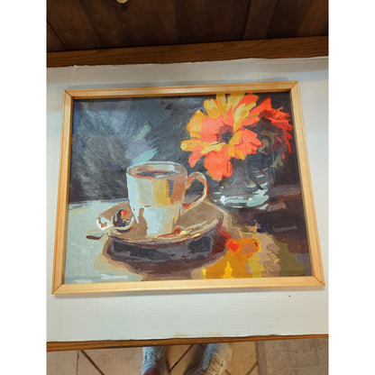 20" x 24" Vintage FAUVISM MCM Coffee Cup Floral Still Life Oil Painting Frame