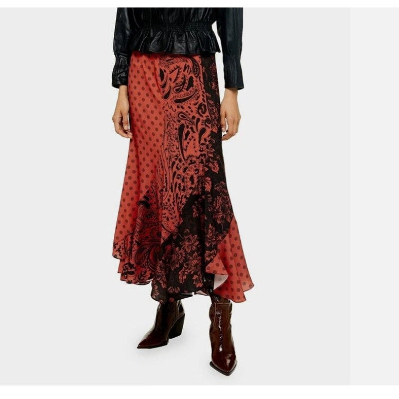 New Topshop Maxi Skirt BOHO US 6 Lined Red Black Summer paisley Punk Goth