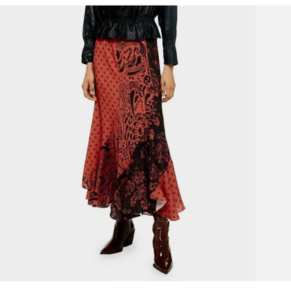 New Topshop Maxi Skirt BOHO US 6 Lined Red Black Summer paisley Punk Goth