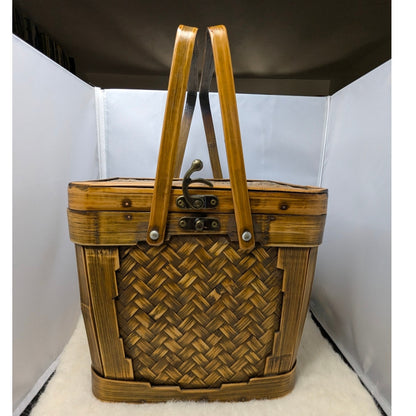 Vintage Bamboo Rattan Box Purse Top Handle Woven Sewing Basket Lunch Pail 70's