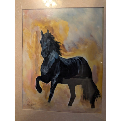 K Sheron Handpainted Black Stallion Horse Painting Signed 12x16 Trotting Beauty
