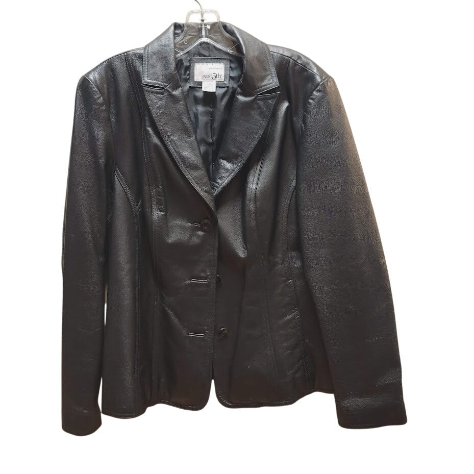 EAST 5TH Vintage Black Leather Jacket Coat Size Large Lined Pockets 3 Button