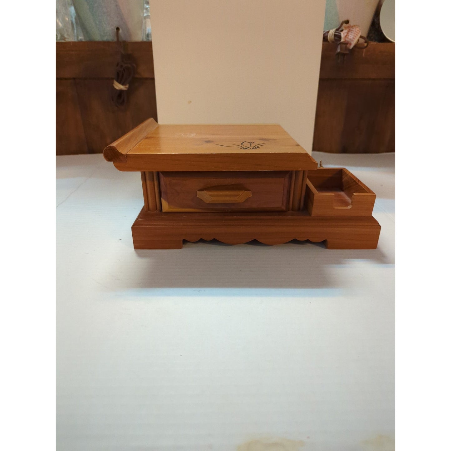 Vintage Asian Wooden Desktop Writing Slope & Organizer Vanity Box