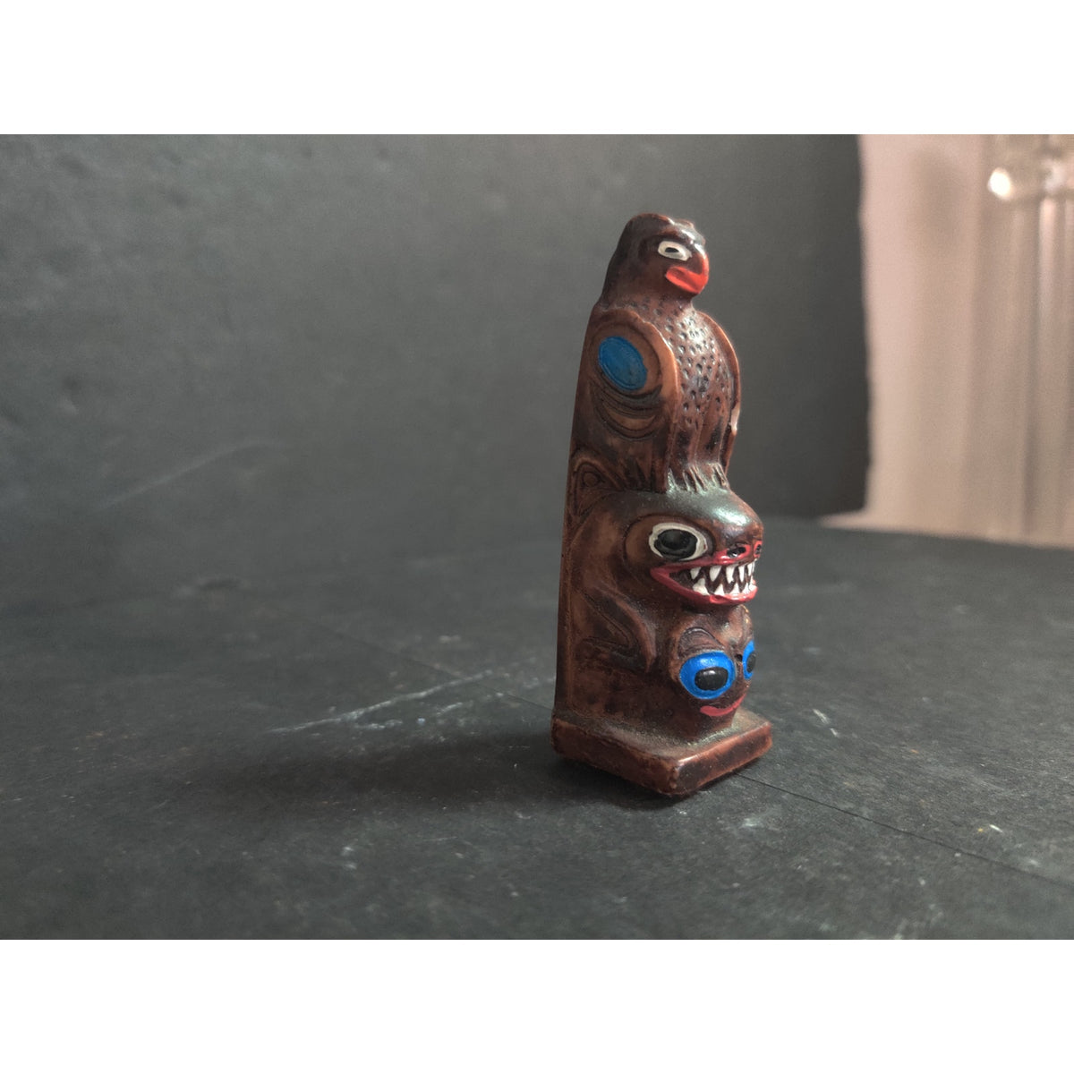 Vintage Handcrafted Wooden Totem Pole Miniature Figurine Made 3" Alaska Souvenir