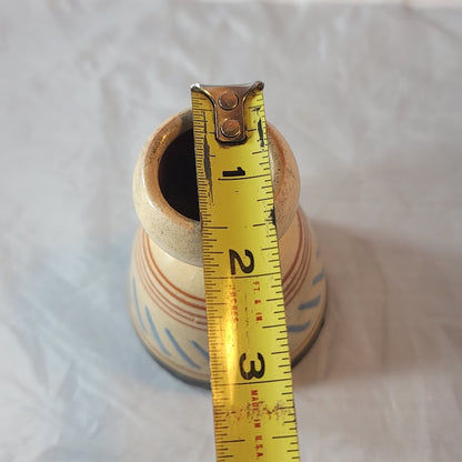 Vintage handmade vase tapered blue rust cream 6" tall