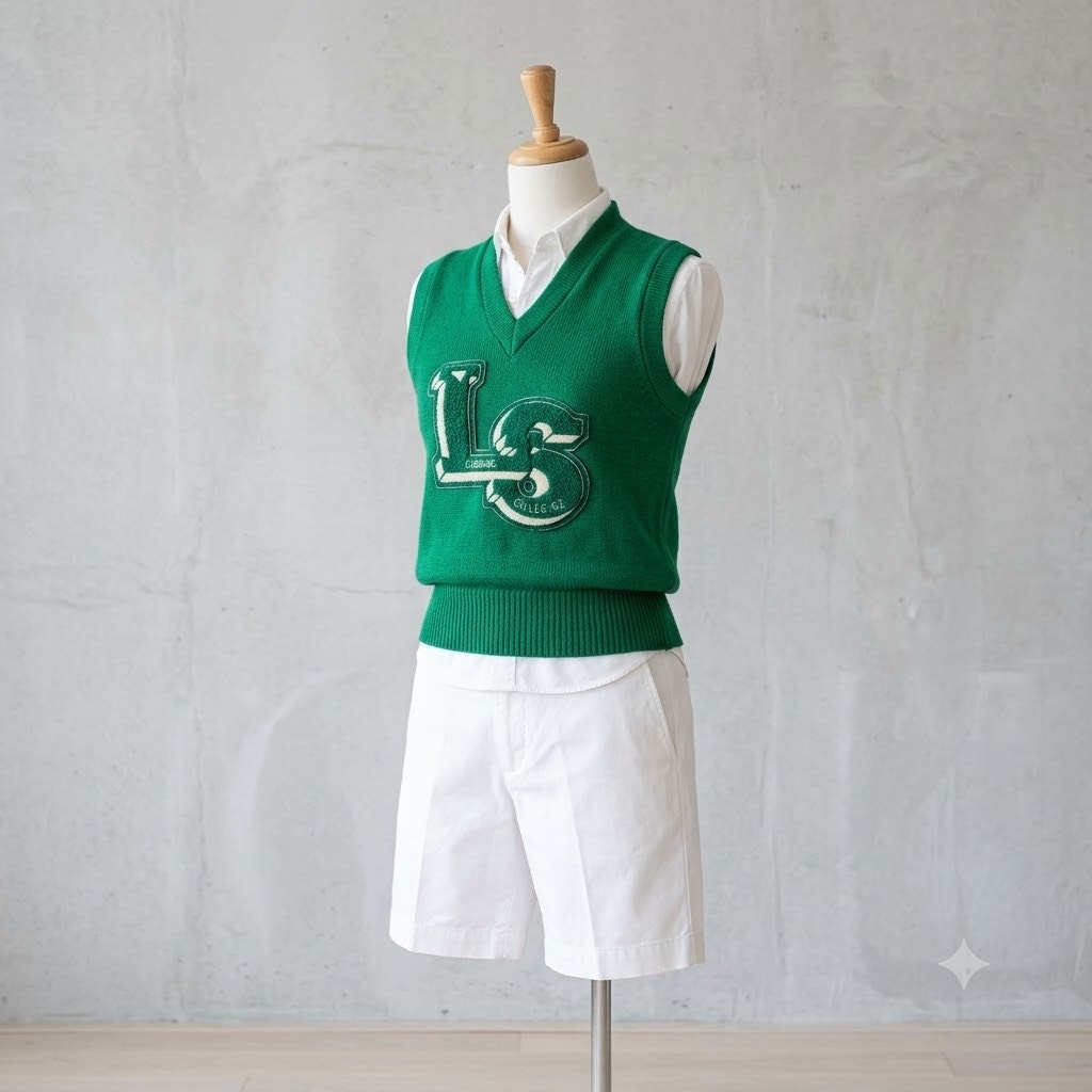 Vintage Venus Knitting Green Varsity Letterman Sweater Vest LS Junior College