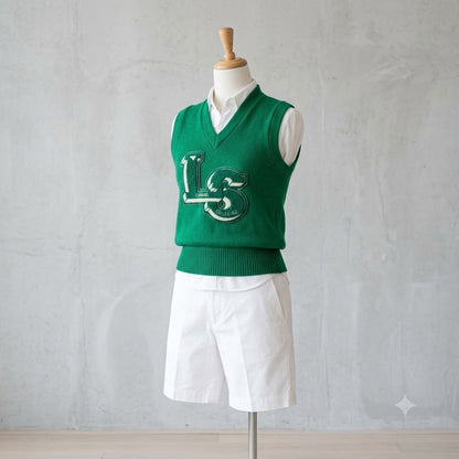 Vintage Venus Knitting Green Varsity Letterman Sweater Vest LS Junior College