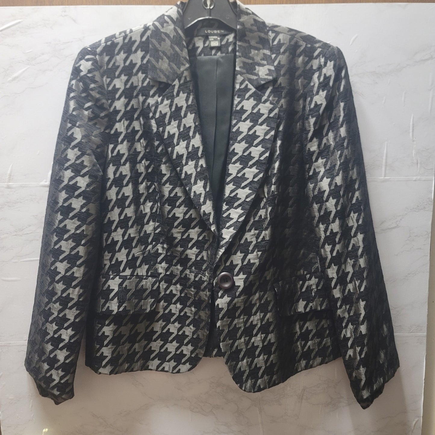 Louben Houndstooth Wool Blend Blazer Jacket Size 10 Vintage Dark Academia Chic