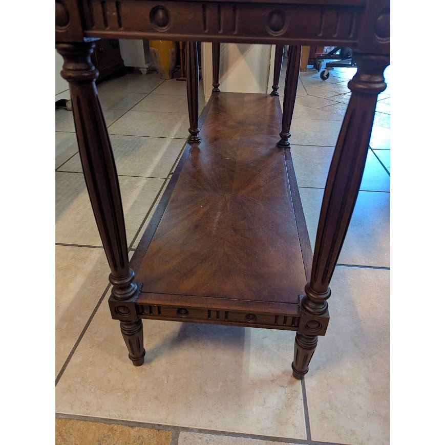 Secondhand Sandies: Long Traditional Wood & Glass Sofa Table with Turned Posts and Finials