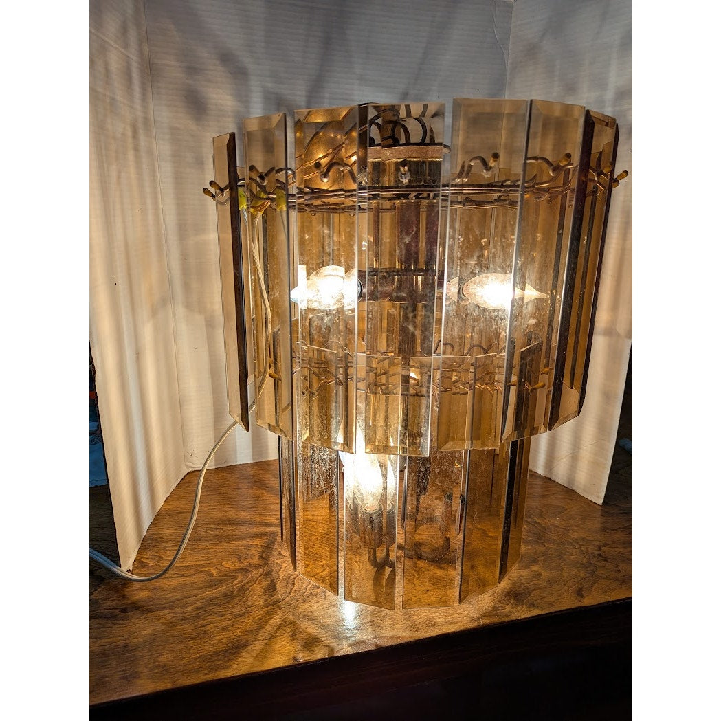 Vintage 2 Tier 70s Dangling Smoke Glass Prisms chandelier 15" x 19" 8 Bulb Light