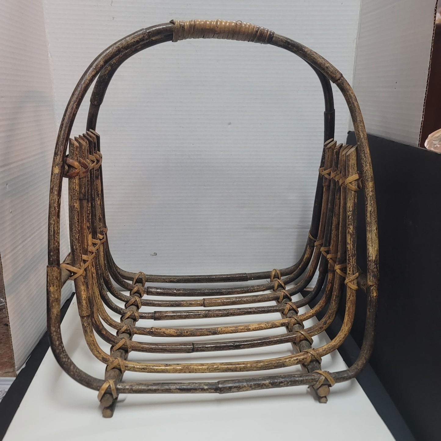 Vintage MCM wood Bamboo magazine rack large rattan wicker 17" tall catch all