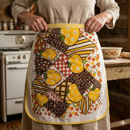 Vintage 1970s Strawberry Patchwork Half Apron Yellow Terry Cloth Retro Kitsch