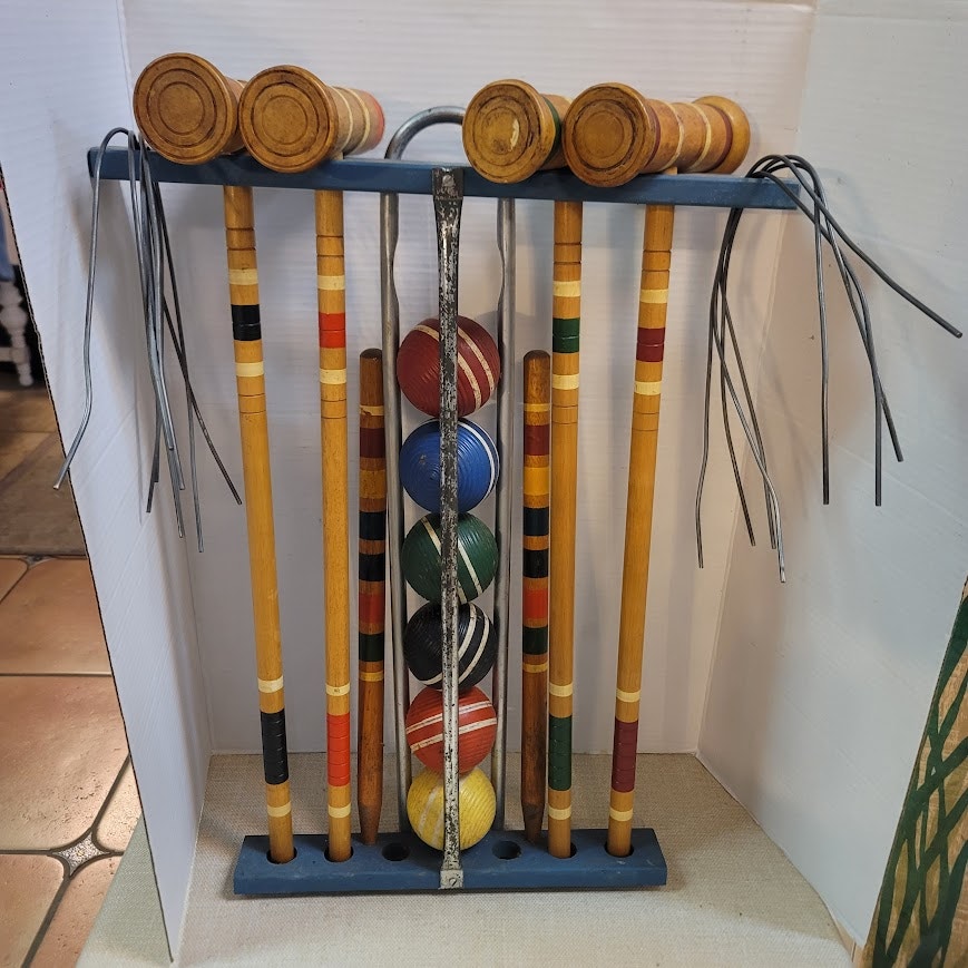 Vintage Wooden Croquet Set with Blue Storage Stand Lawn Classic Game
