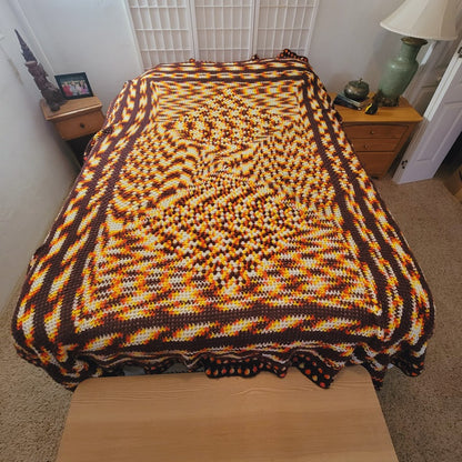Handmade crocheted 70s coverlet yellow brown white orange Queen / Full blanket