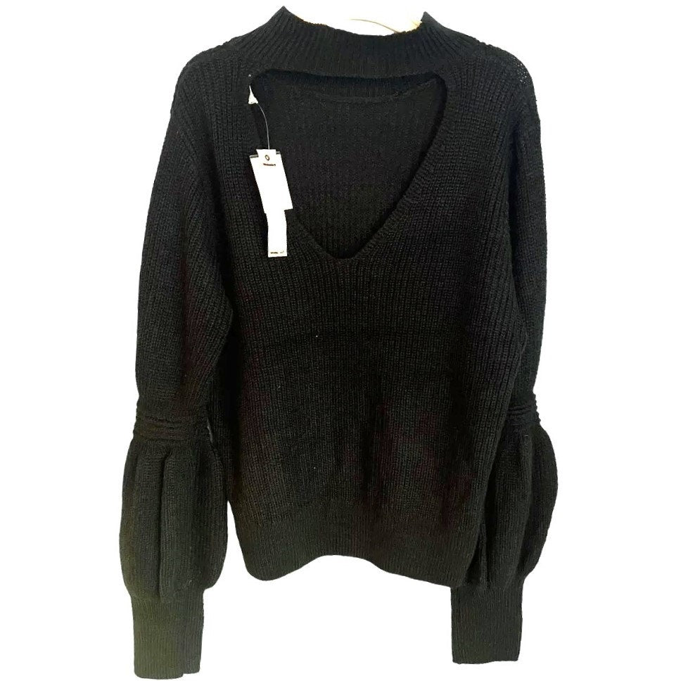 Willow & Clay Bishop Sleeve Back Cutout Pullover Sweater Sz Large in Black NWT