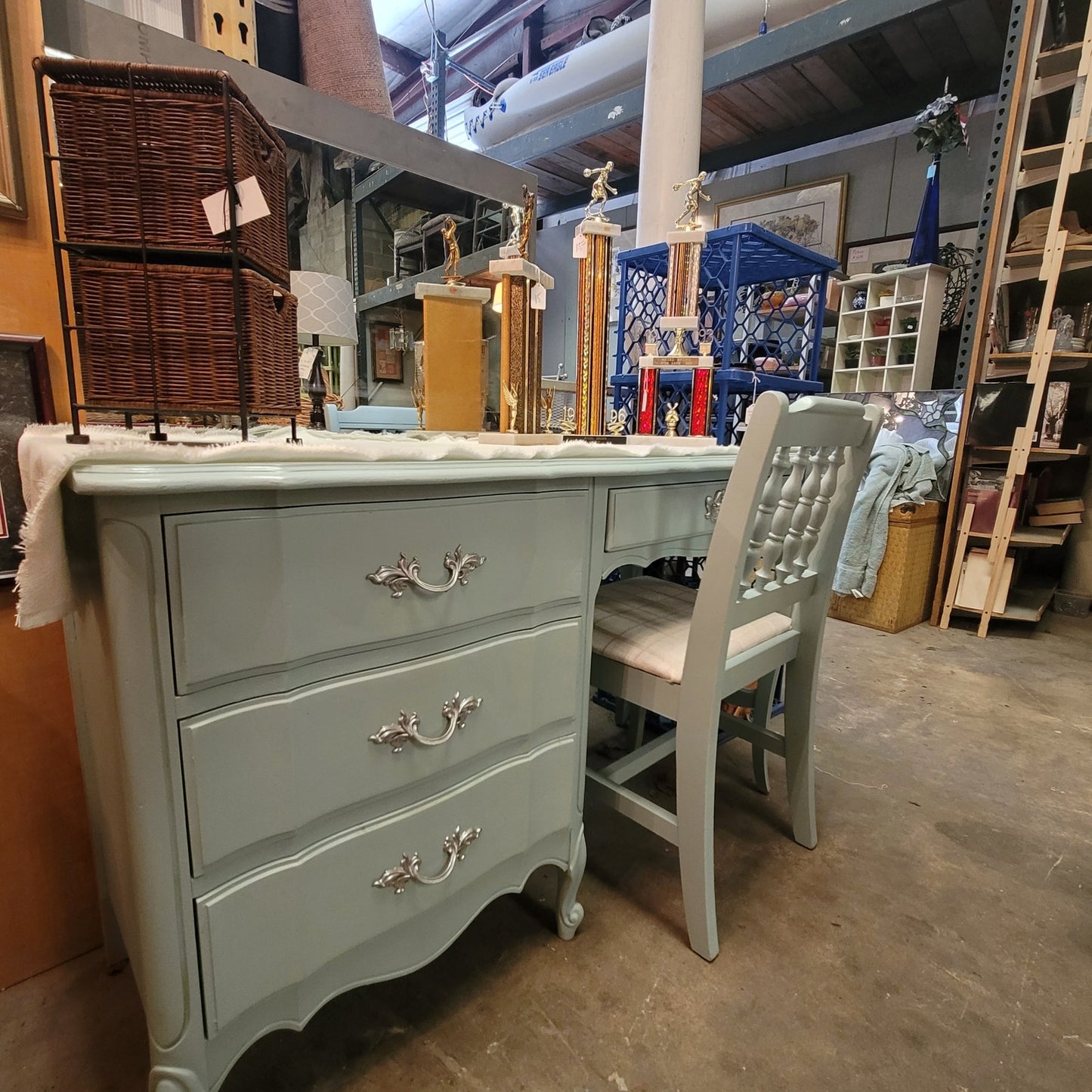 SECONDHAND SANDIES: Blue French Provincial  Desk with Matching Chair 4 Drawer
