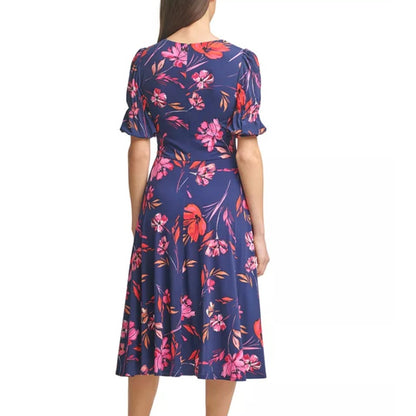 Vince Camuto Size 10 Blue Floral Dress ruched puff sleeve NEW casual career